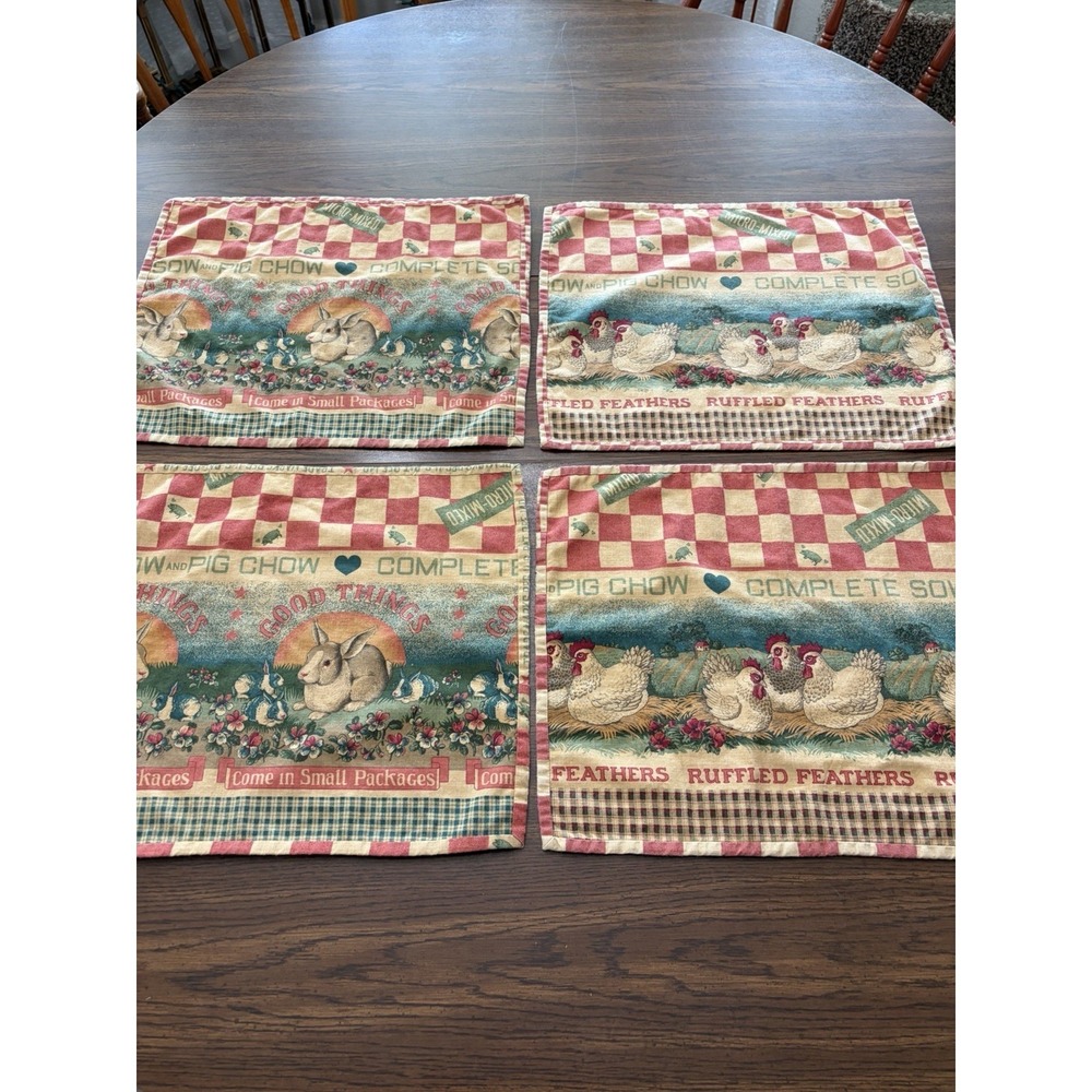 Vintage Feed Sack Style Farmhouse Placemats Set If 4 Rooster Bunny Cottagecore